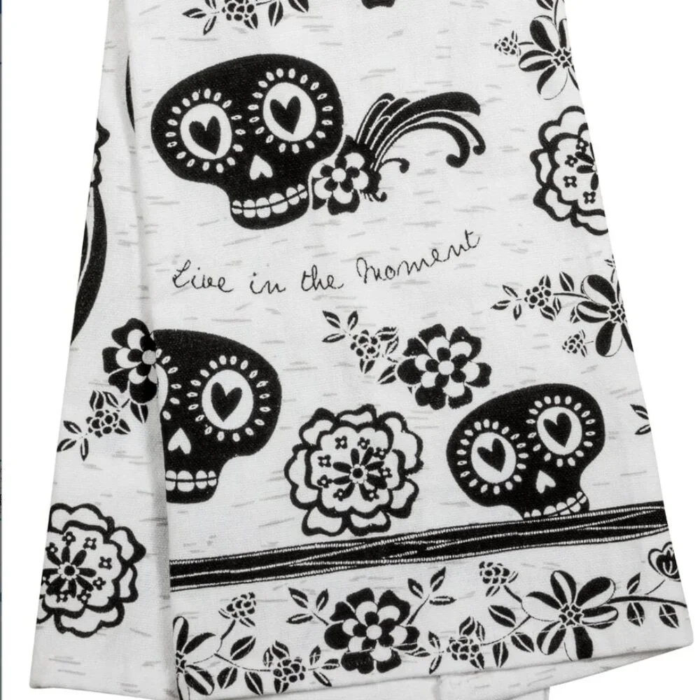 Boho Sugar Skull Tea Towel Set, Black & White Cotton Kitchen Hand Towel Home Dec